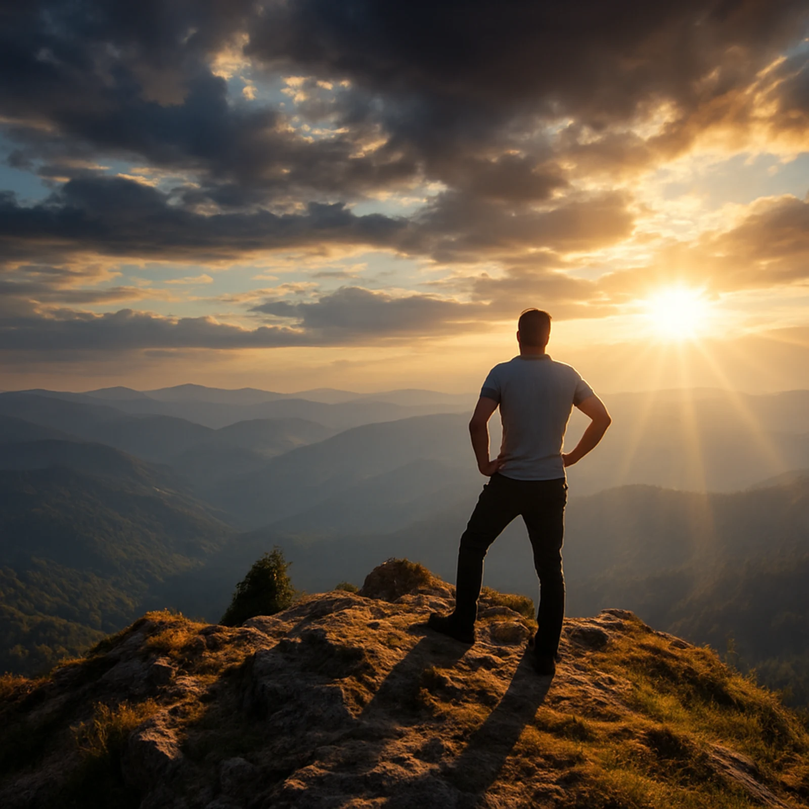 Eine Person blickt von einem Berggipfel in die weite Landschaft im Abendlicht