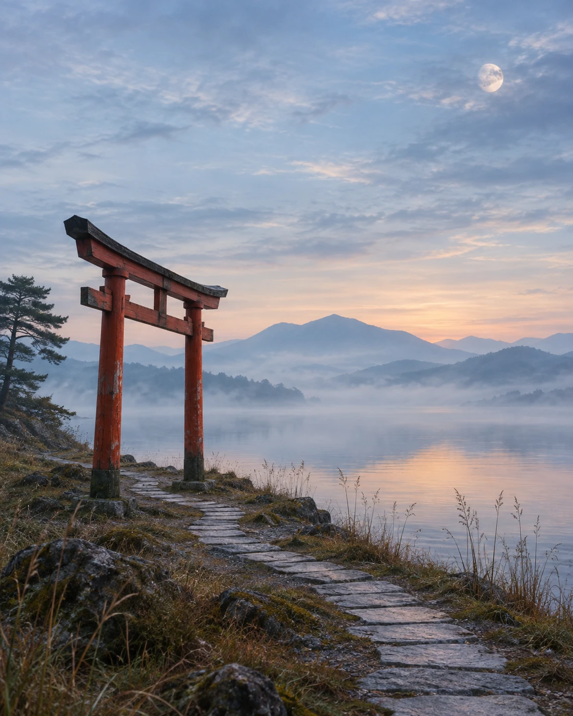 Ein rotes japanisches Tor an einem nebligen See mit Bergen und Mond im Morgenlicht